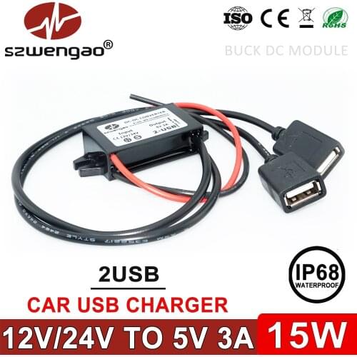 Szwengao DC-DC 12V 24V to 5V 3A 15W Car USB Charger Step Down Voltage Converter Power Supply with Reversing Polarity Protection