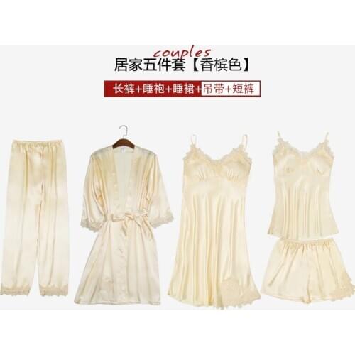 Womens spring and autumn long sleeve five piece real silk summer suspender sexy nightdress household suit with breast pad