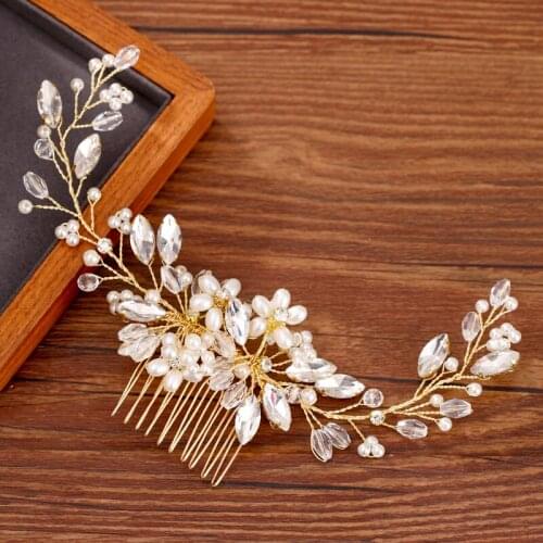 Rhinestone Pearl Hair Comb Bridal Hair Accessories Golden Comb Headband For Women Hair Jewelry Bride Tiara Headpiece Headband