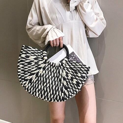 Fashion Semicircle Handmade Rattan Straw Woven Bag Women Retro Open Round Handle Hard Handbag WomenS Leisure Vacation Handbag