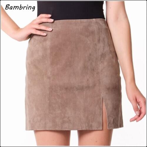 Women Faux Suede Leather Pencil Skirt Autumn High Waist Bodycon Zipper Sexy Split Mini Skirts Office Lady Vintage Khaki Custom