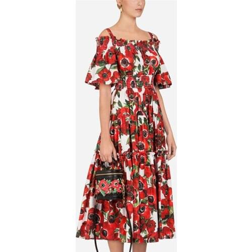 2021 Runway Designer Flower Summer Dress Women Cold Cut Out Shoulder Slash Neck Red Rose Floral Print Sundress Party Dress k256