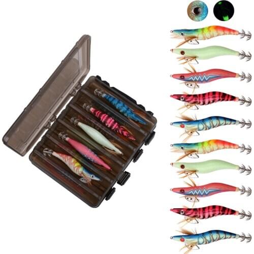 10pcs/box Squid jigs bait 12g-21g Wood Shrimp lure Fishing Lures hooks Artificial baits Octopus Prawn hook with double layer box