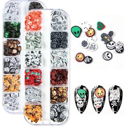 12 Grids Halloween Design Nail Art Sequins Ghost Pumpkin Polymer Clay Slices 3D Flakes Nail Charms Decoration Manicure Supplies