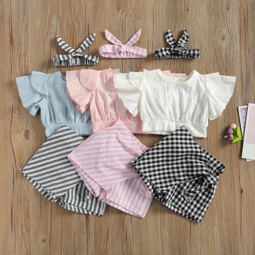 2021 Baby Summer Clothing Kid 3Pcs Outfit Stripe Suit Round Neck Short Pagoda Sleeve Top Stripe Skirt Like Shorts Hairband 1-5T