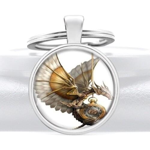 Steampunk Flying Dragon Glass Cabochon Key Chains Classic Men Women Punk Pendant Key Rings