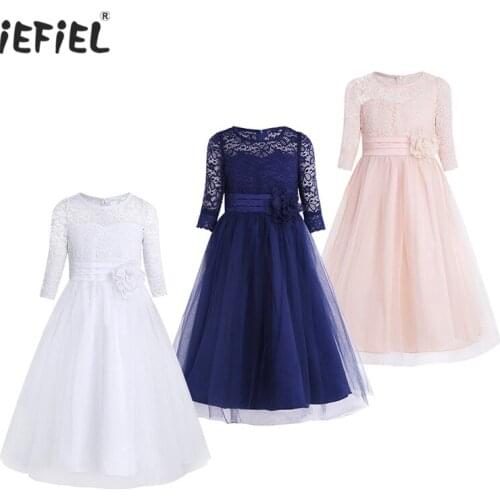 Princess Kids Dresses for Girls Mesh Lace Vestidos Half Sleeve Flower Girls Teenagers Dress Wedding Party Birthday Baptism Dress
