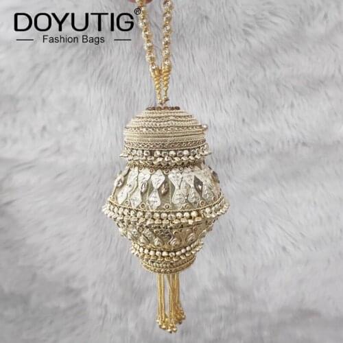 DOYUTIG Vintage Womens Handmade Evening Handbag Indian Design Metal Bucket Bag For Party Lady Fashion Wedding Clutches J009