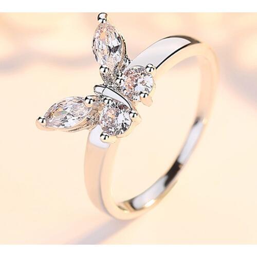 Beiver Butterfly Shining Crystal Zircon Ring for Women Princess Luxury Rings Jewelry Fashion Party Birthday Gifts Size 6-9