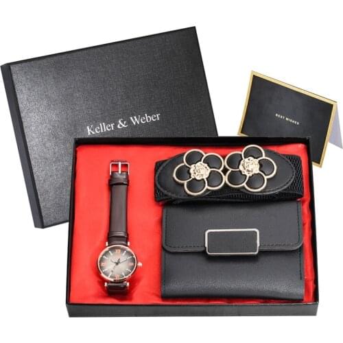 Brown Strap Women Wristwatches Gift Set with Box Black Wallet Flower Belt Quartz Watch Best Gifts for Lover Daughter Mother