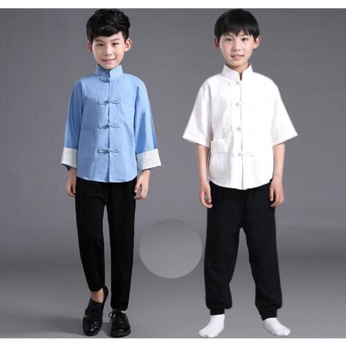 Flax Male Children Chinese Ming Costume Shirt+pants Boy Chinese Tunic Suit Kids Tang Chinese Costume Kung Fu Suit Clothes 18