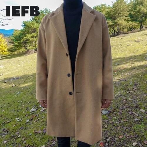 IEFB Mens Long Sleeve Tweed Coat Mid Long Autumn Winter Thickened Korean Fashion British Windbreaker Style Woollen Coats 9Y8438