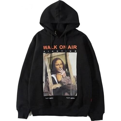 Harajuku Hip Hop Men Pullover Funny Mona Lisa Smoking Print Fleece Hooded Sweatshirts For Streetwear Hoodie Casual Tops