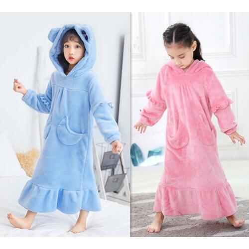 Soft Flannel Girls Pajamas Winter Warm Long Sleeve Night Dress with Hat Pocket Princess Nightgown Sleepwear