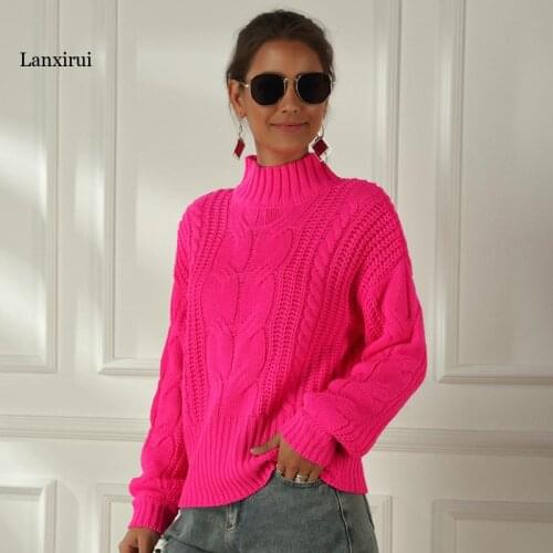 Neon Sweater Women Knitted Fuchsia Pink Solid Half Turtleneck Pullovers Long Casual Loose Knitting Shirts Female Jumpers