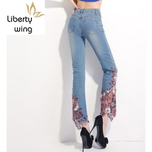 New Style Fashion Womens Boot Cut Jeans Female Denim Trousers Embroidered Bell Bottom Jean Pants For Woman High Quality