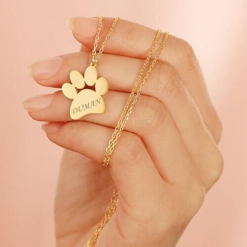 Bear Paw Necklace Personalized Name Necklace Stainless Steel Engraved Nameplate Dog Cat Footprint Necklace Fashion Jewelry