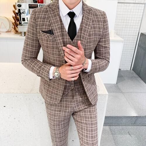 Terno Masculino 5XL Luxury Suit Formal Dress Office Men Regular Fit Plaid Tuxedo Mens Suits 3 Piece