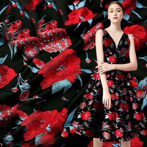 HLQON new arrival gold line yarn dyed brocade jacquard red flower fabric for dress women clothing tissue patchwork 145cm width