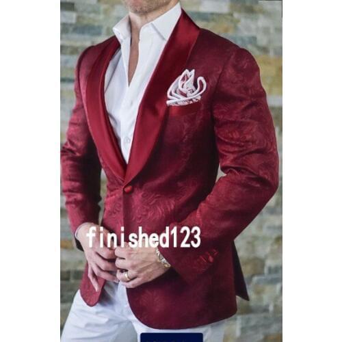 High Quality One Button Burgundy Groom Tuxedos Shawl Lapel Groomsmen Mens Wedding Suits Blazers (Jacket+Pants+Tie) W:658