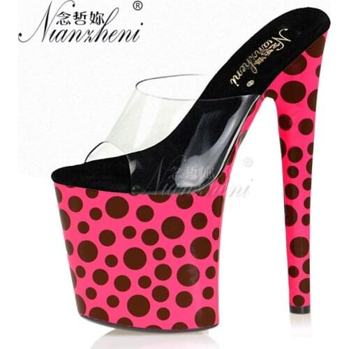 Clear Crystal Shallow Big Size Womens Slippers 8 inches Nightclub Stripper Queen Super High heeled shoes 20CM Leather pad Style