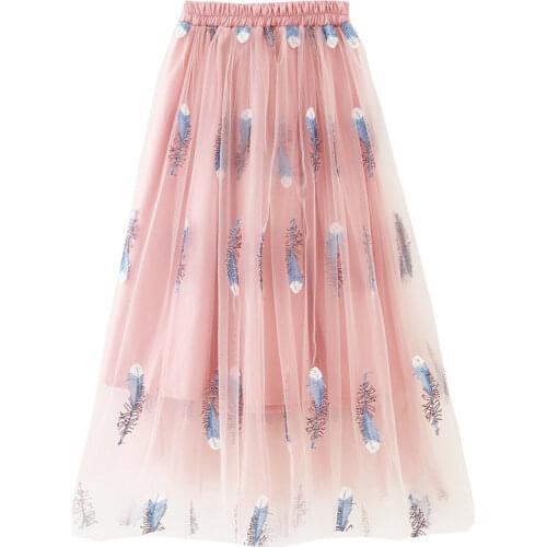 Tutu Skirt for Baby Girl Chiffon Princess Long Skirt Girls Embroidery Feather Costume Korean Kids Clothes Mother Daughter Skirts