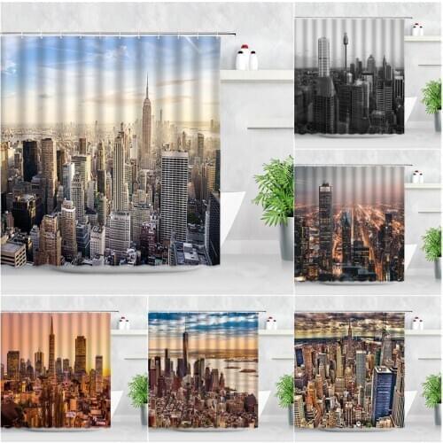 New York Manhattan City View Shower Curtains Tall Building Modern Natural Scenery Decor Screens With Hooks Bathroom Curtain Set