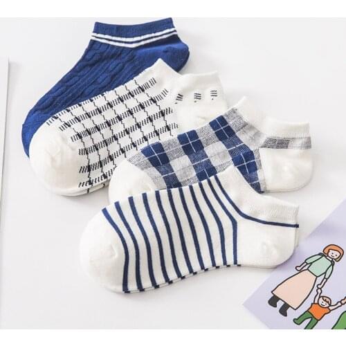 Women Socks Cotton White Blue Plaid Ladies Ankle Socks for girls Houndstooth Check Socks Striped Grids Tube Sock Vintage Meias