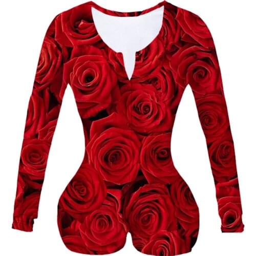 Women Custom Made Red Roses Sublimation Print Summer Long Sleeves Onesie