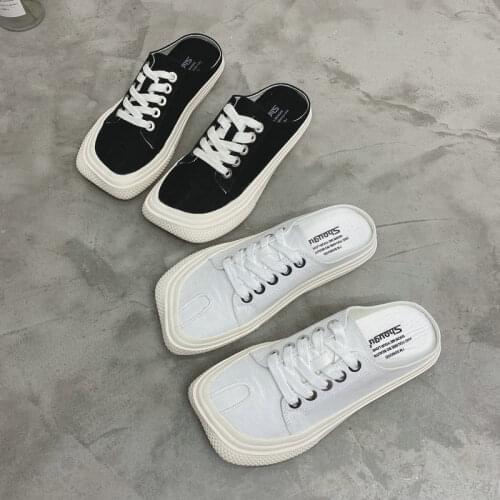 Square Loafers Canvas Shoes Women Casual Cloth Flats Mules Shoes Lace-up Fashion Ladies Spring Lazy White Shoes White Sneakers