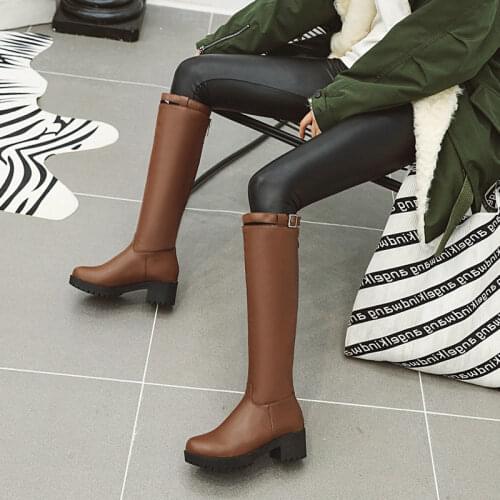 Autumn Winter New Platform Ladies Knight Boots Fashion Zipper Comfortable Mid-Heel Womens Shoes Belt Buckle Knee High Boots