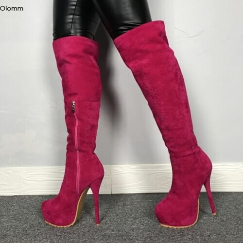 Olomm New Women Platform Over The Knee Boots Sexy Thin High Heels Boots Round Toe Charm Red Party Shoes Women Plus US Size 5-15
