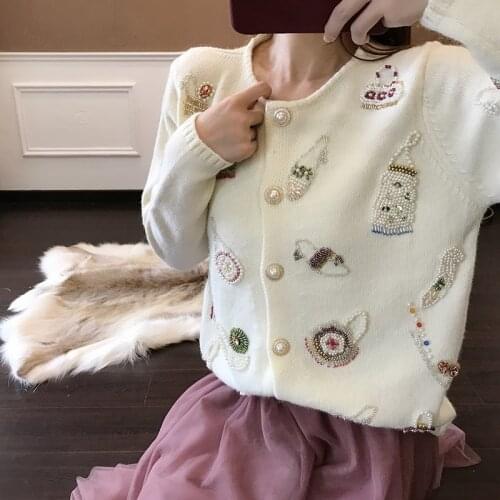 High Quality Beaded Cardigan Sweater Women Fall 2020 Runway Knitted Cardigan Bags Shoes Pattern O-neck Single Breasted Cardigan