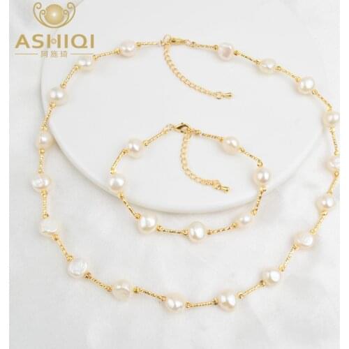 ASHIQI Natural Freshwater Pearl Jewelry Set Necklace Bracelet for Women NE+BR