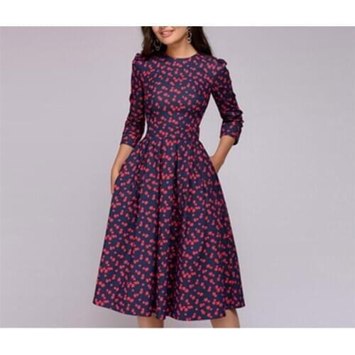 Autumn Fashion Women Elegent A-line Print Vintage Dress Three Quarter Sleeve O-neck Female Red Party Dress Plus Size