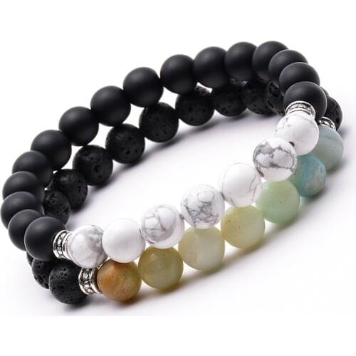 2pcs/set White Turquoise Black Lava Natural Stone Beaded Double Couples Distance Unisex Charms Bracelet Energy Jewelry