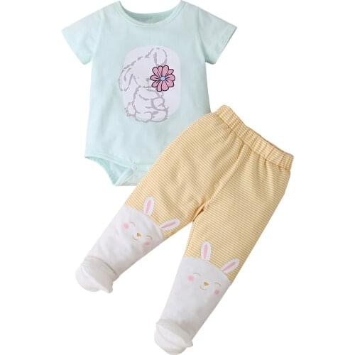 2021 3-18M Newborn Baby Girl Clothes Cute Cartoon Animal Floral Print Short Sleeve Romper+Stripe Wrap foot Long Pants Cotton Set