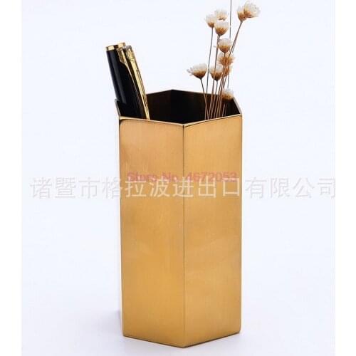 50pcs Six-sided Pen Holder Fashion Nordic Metal storage box Golden Hexagonal Plugged Vase Stainless Steel Home Decoration