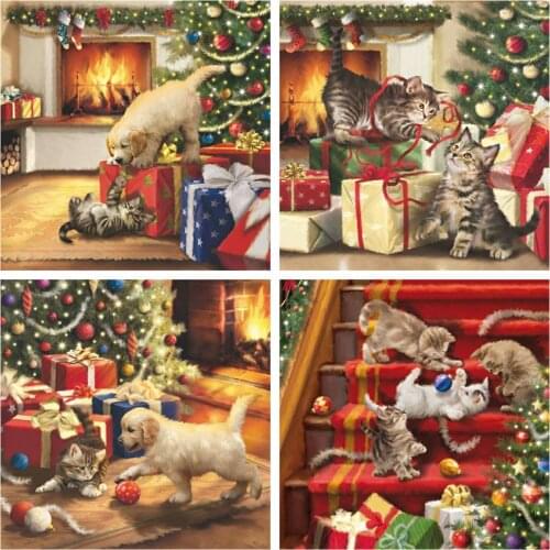 HUACAN DIY Diamond Painting 5d Cat Mosaic Animal Full Square Diamond Embroidery Christmas Tree Needlework Home Decor