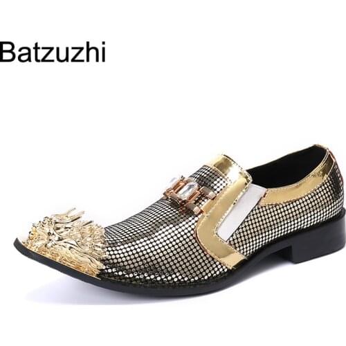 Batzuzhi New Rock Men Shoes Personality Golden Metal Toe Leather Dress Shoes Men Formal Business,Party and Wedding Shoes Men