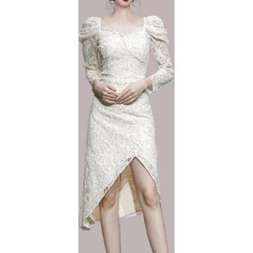 Retro Temperament Elegant Lace Sequined High-Quality Slim Party Dress New Fashion Sweet Puff Sleeve Bodycon Irregular Dress