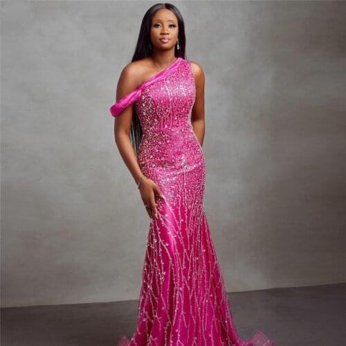 Fuchsia Off She Shoulder Prom Dresses Aso Ebi Style Sequins Beaded Sparkly Mermaid Evening Gowns Sweep Train Party Dress