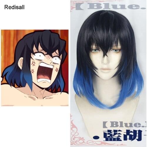 Hashibira Inosuke Cosplay Wig Gradient Blue Synthetic Hair Halloween Adult