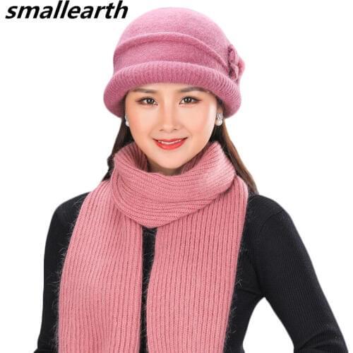 2 Pieces Set New Winter Rabbit Fur Hat And Scarf For Women Thick Caps Female Mom Lady Winter Casual Solid Color Wool Knitted Hat