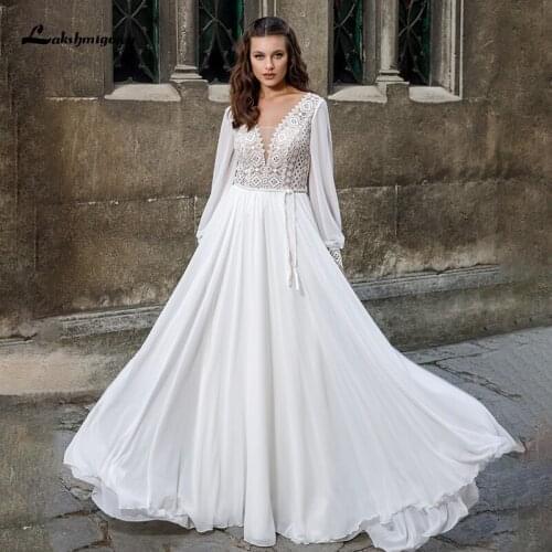 Laksgmigown Boho Lace Wedding Dresses with Long Sleeve V Neck Chiffon A Line Plus Size Wedding Gowns for Bridal vestido de novia