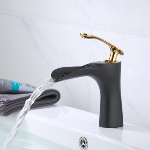 Copper and Black Gold Faucet, Bathroom Hot and Cold Water Basin Faucet, Wash Basin Waterfall Faucet