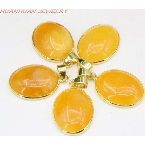 Trendy Yellow Oval Natural Jades Stone Pendant For Women 18x27mm Necklaces & Pendants Copper Stainless Steel Chain Jewelry B3345