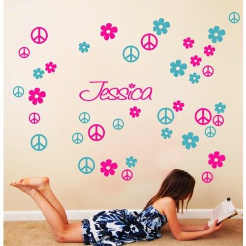 Custom Name Peace Signs 2 COLOR Flowers Vinyl Wall Decals Art Home Decor Sticker Children Room Mural Decals for Nursery KW-261