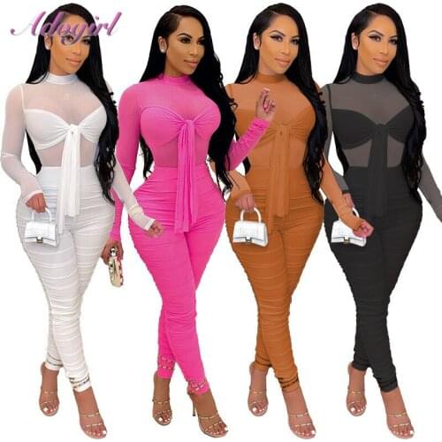 Sexy Lace Up Sheer Mesh Bandage Party Clubwear Jumpsuit Women2021 Solid Long Sleeve See Through Pleated Rompers Outfit Overalls
