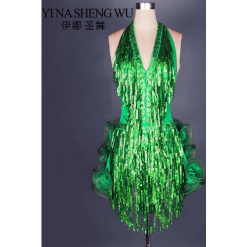 Latin dance dress green professional costume for women fringe samba costume colorful womens ballroom competition dresses tassels